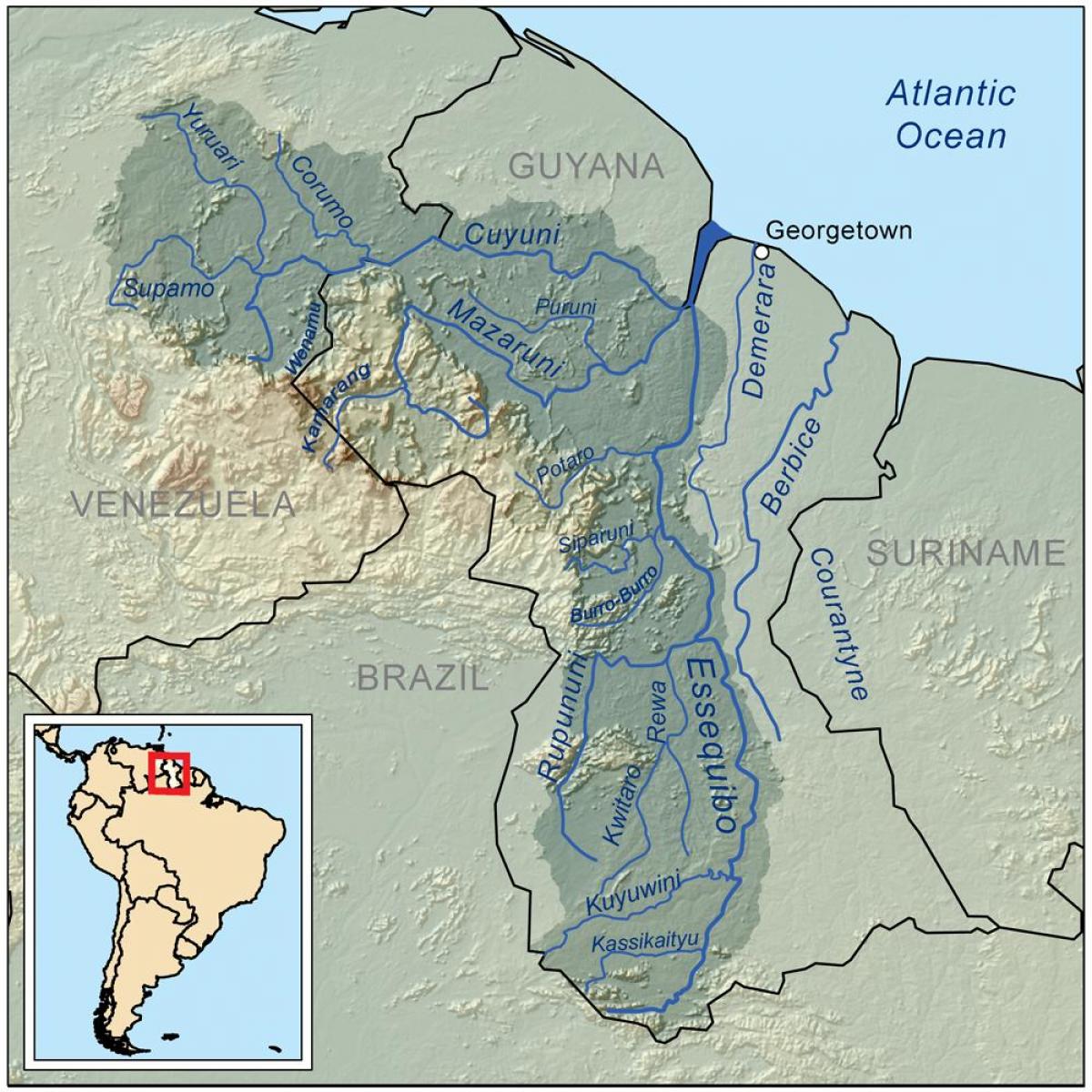 Karte von Guyana, welche die drei wichtigsten Flüsse