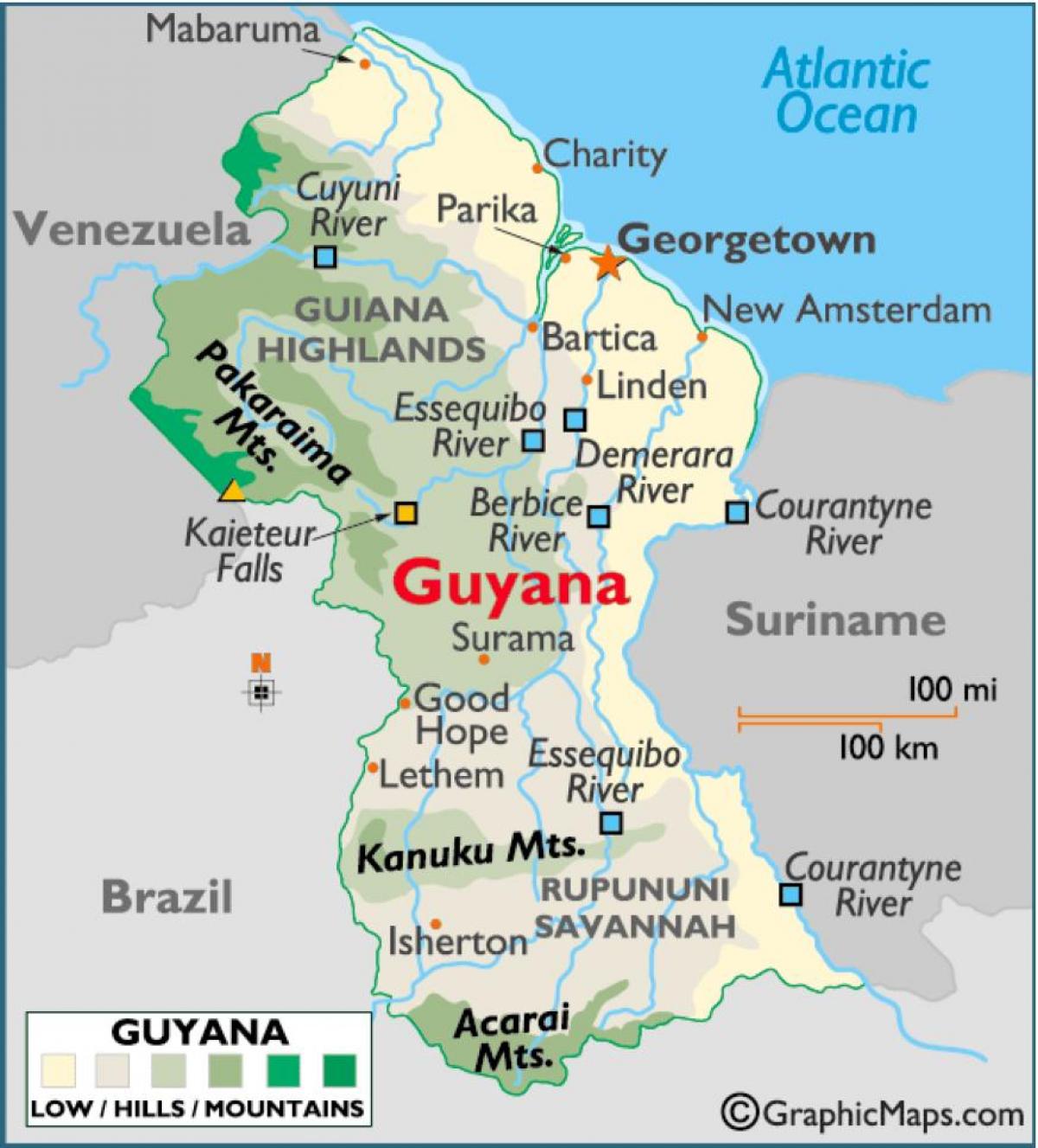 Karte von Guyana zeigen Bergketten