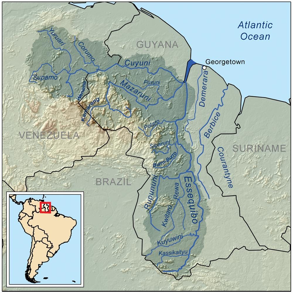 Karte von Guyana zeigt die Flüsse