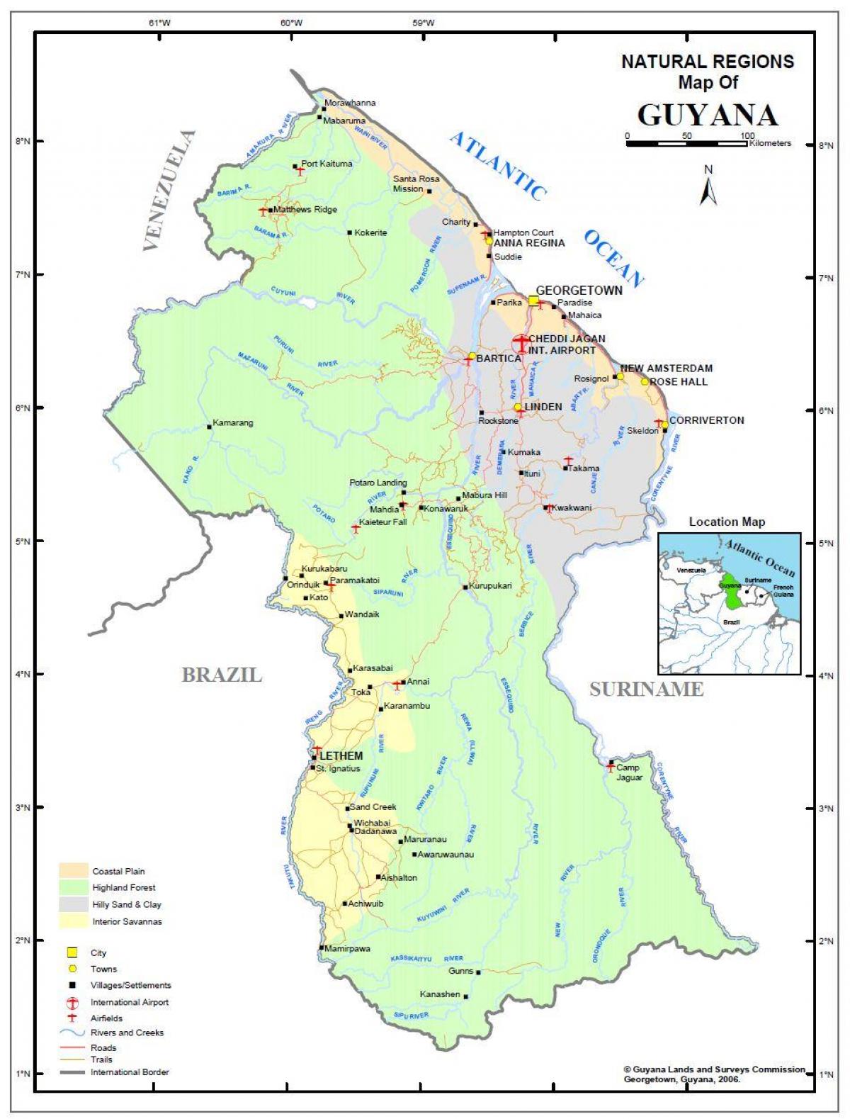 Karte von Guyana zeigt die 4 Natürliche Regionen