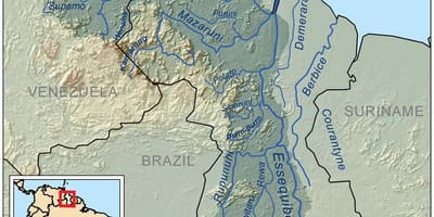 Karte von Guyana, welche die drei wichtigsten Flüsse
