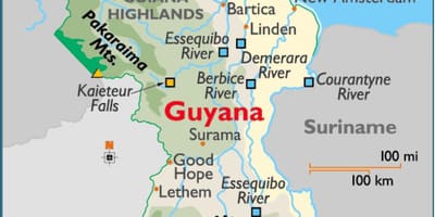 Karte von Guyana zeigen Bergketten