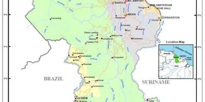 Karte von Guyana zeigt die 4 Natürliche Regionen